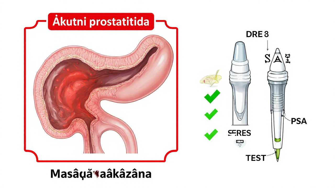 Anatomický náčrt prostaty s varováním proti masáži při akutním zánětu.