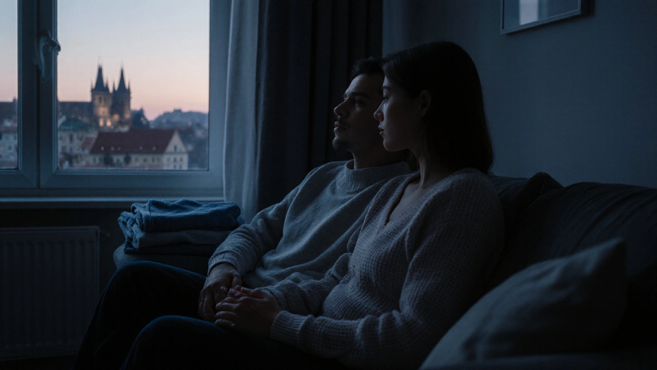 Dva lidé sedí na gauči po masáži, drží se za ruce, mlčí, v tichém večerním světle.