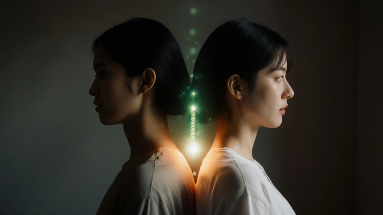 Dva lidé stojí zády k sobě, ruce na zádech, mezi nimi tři zářící energetické body podle taoistického pojetí.