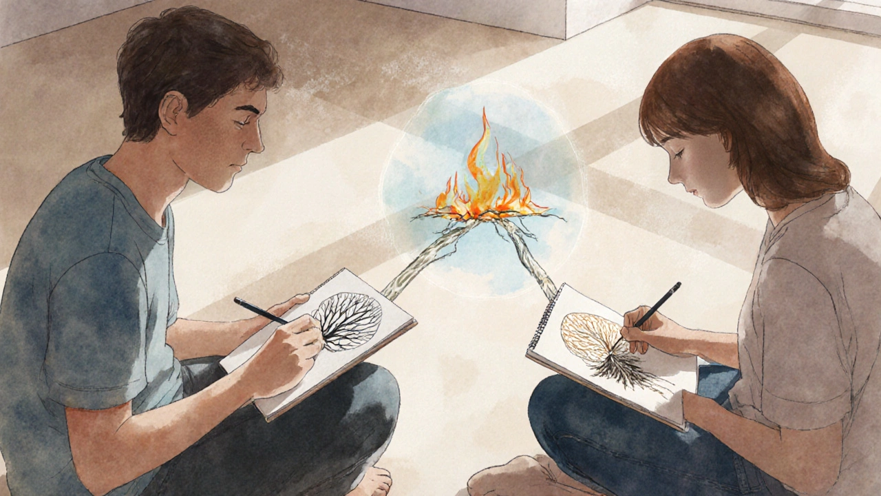 Dvojice kreslí abstraktní obrazy, mezi jejich kresbami se objevuje proužek světla, spojující jejich podvědomé strachy.