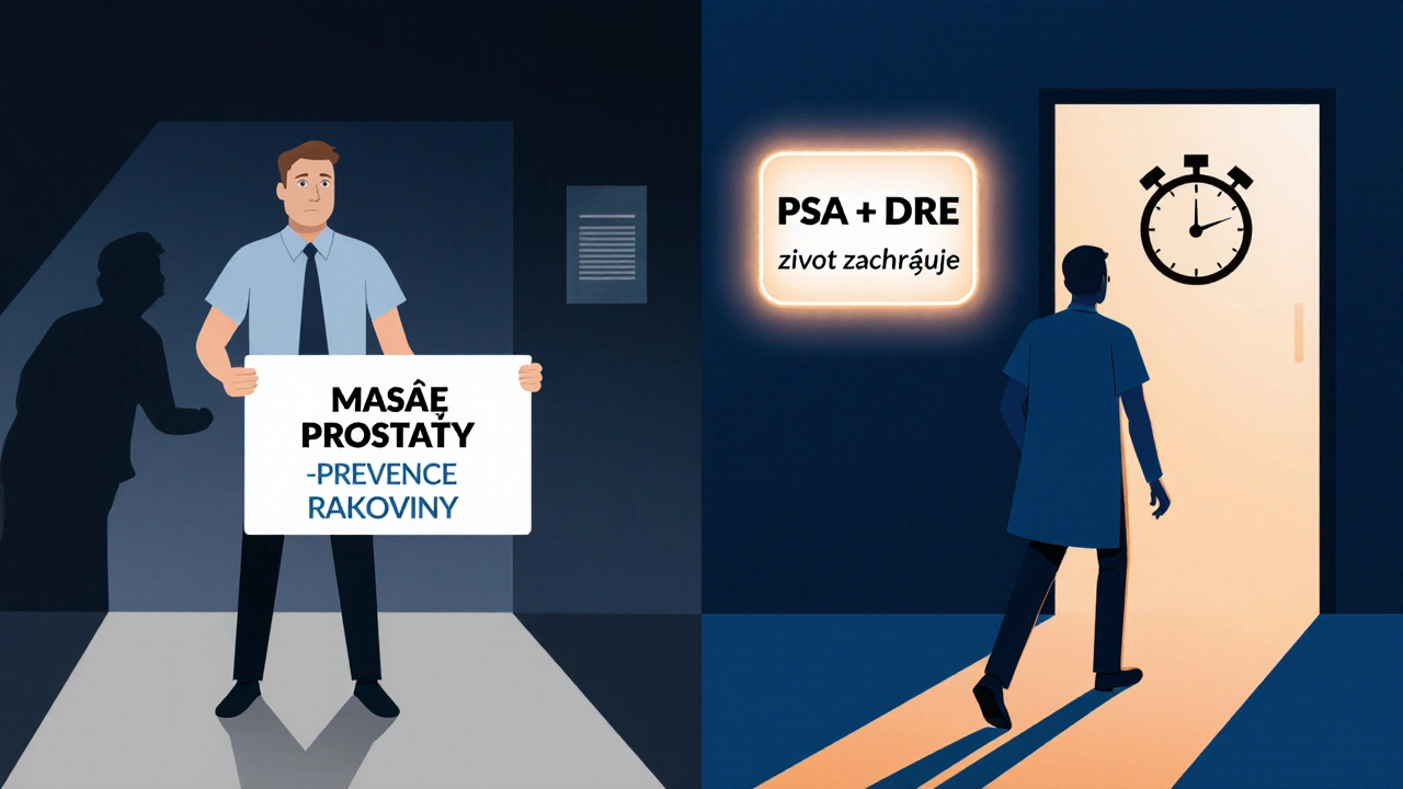 Kontrast mezi nebezpečnou masáží prostaty a bezpečnou lékařskou prohlídkou.