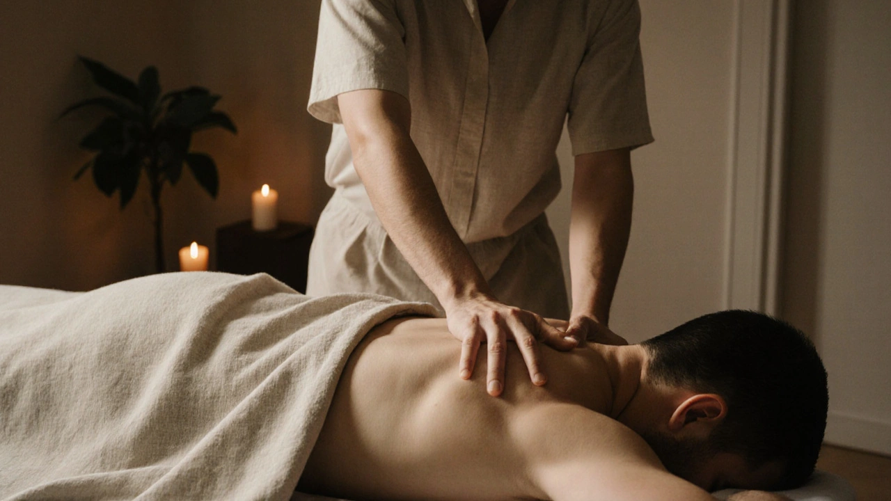 Masér používá předloktí k jemnému masírování zády klienta, oba pokryti plenkami, v klidném, minimalistickém prostředí.