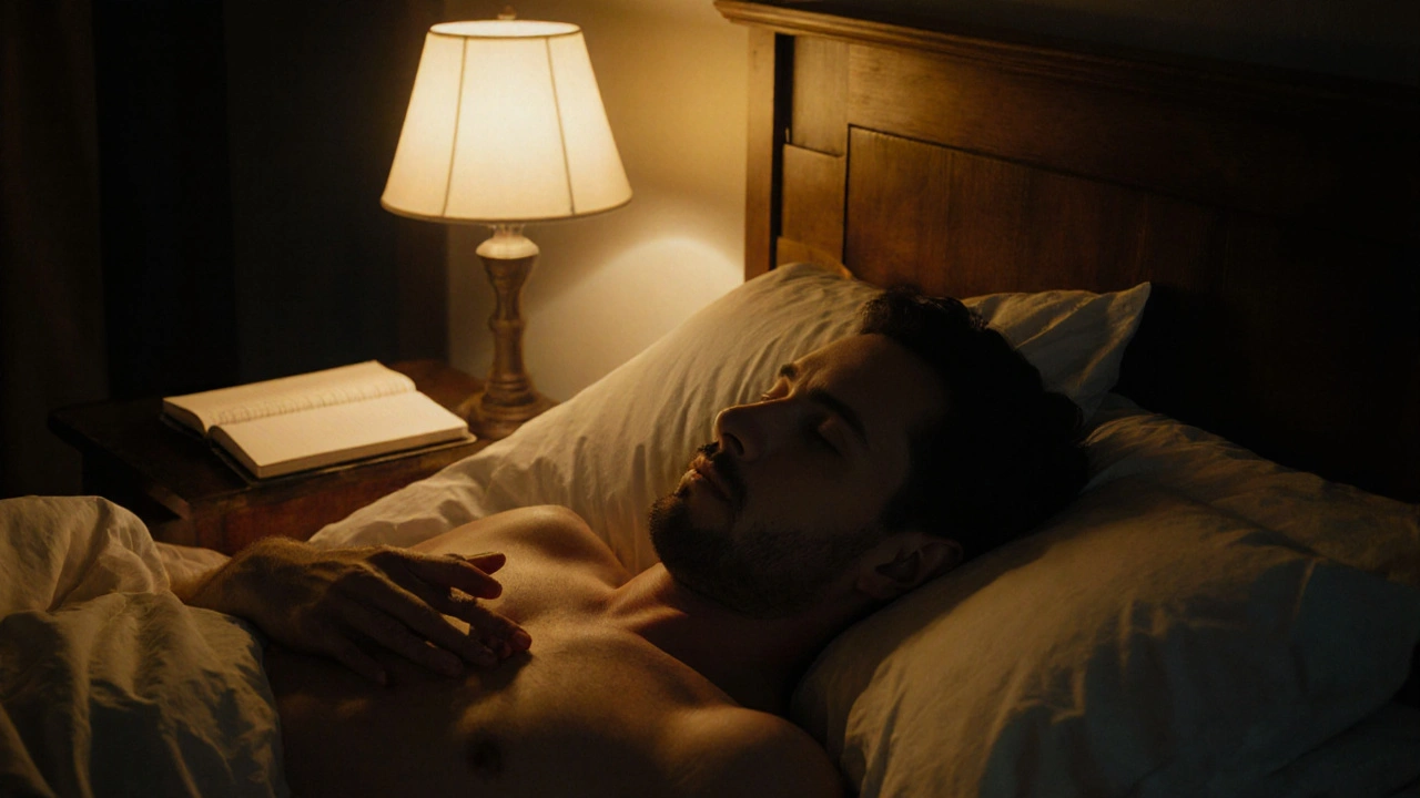 Muž s očima plnými slz leží v klidu, prožívá emocionální uvolnění.