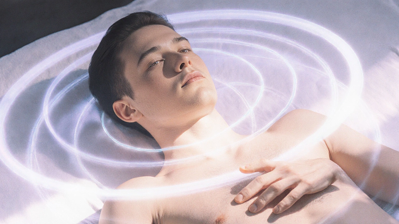 Muž se dotýká jen špičkami prstů základny penisu, klidně dýchá, vyjadřuje přítomnost a hojení.