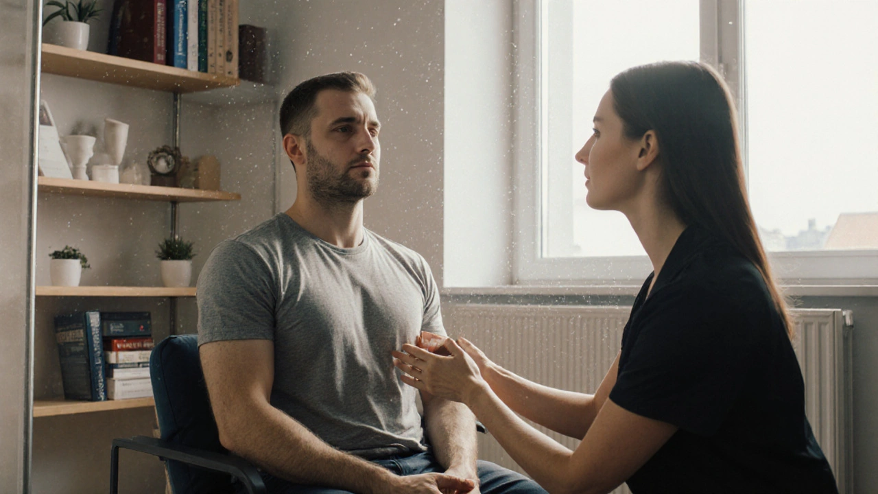 Muž sedí v terapeutické místnosti v Praze, zavřené oči, terapeut ho vedoucí k hlubokému dýchání.