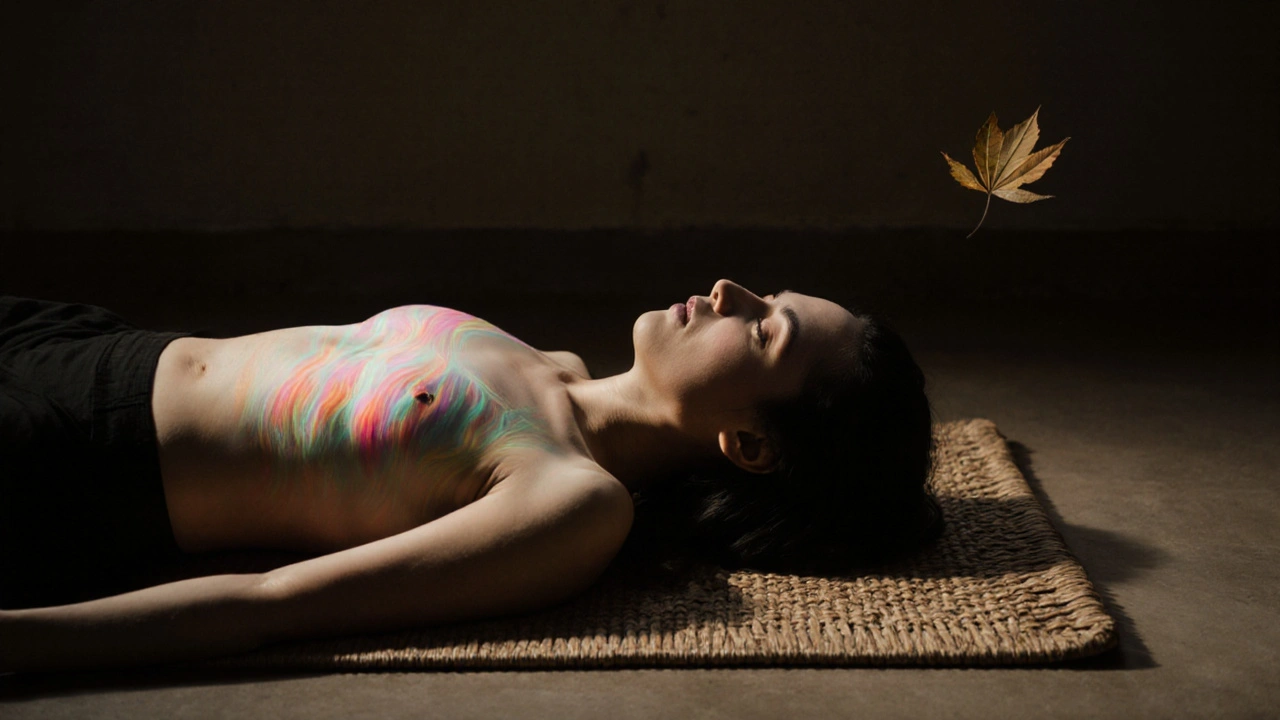Osoba leží klidně, tělo je obklopeno jemným, vnitřním zářením, které se šíří po celém těle.