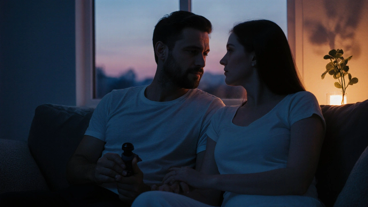 Pár sedí vedle sebe, tichá přítomnost mezi nimi vyjadřuje hlubokou vazbu.