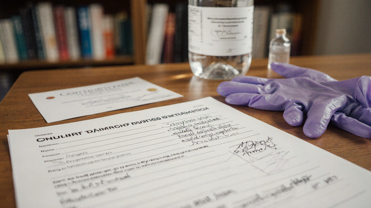 Písemný souhlas a hygienické potřeby na stole s certifikací České asociace tělesných terapeutů.