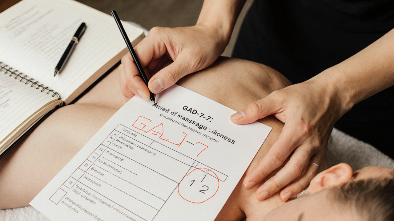 Ruce maséra na rameni klienta a tisknout GAD-7 škály s výsledkem.