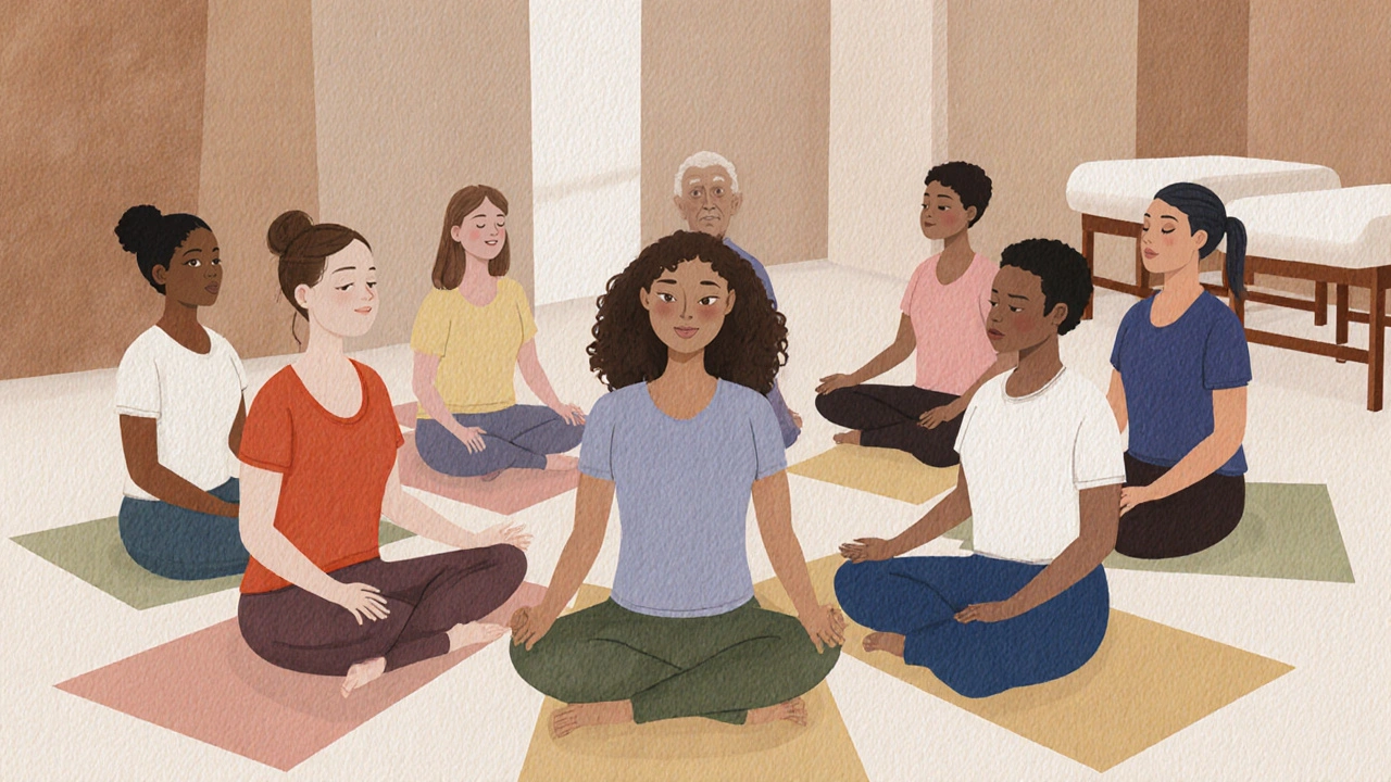 Skupina lidí v klidu, zhluboka vědomých svého těla, bez doteků, jen v meditativním klidu.