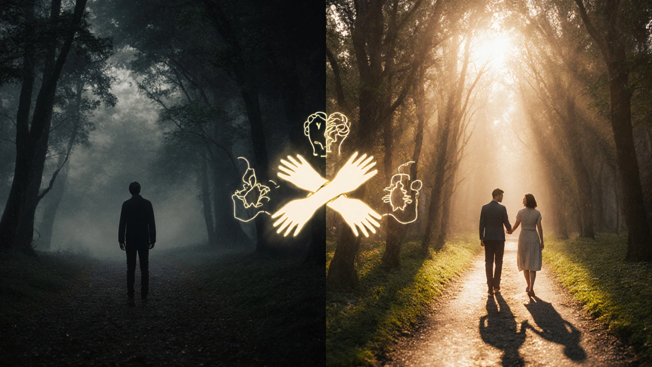 Symbolický obraz: člověk v bouřce vs. člověk v klidu s podporou terapeuta.