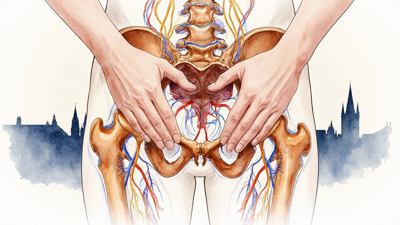 Vodová barva znázorňuje vnitřní struktury pánve a svalů pod tlakem, s pozadím pražské architektury.