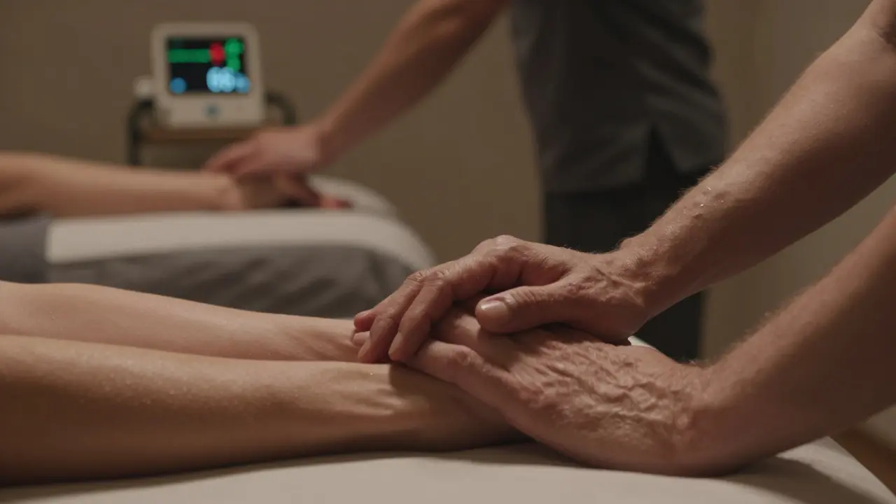 Dvě ruce spojené v klidu na masážní lavici, za nimi se zobrazuje synchronizace srdečního rytmu.