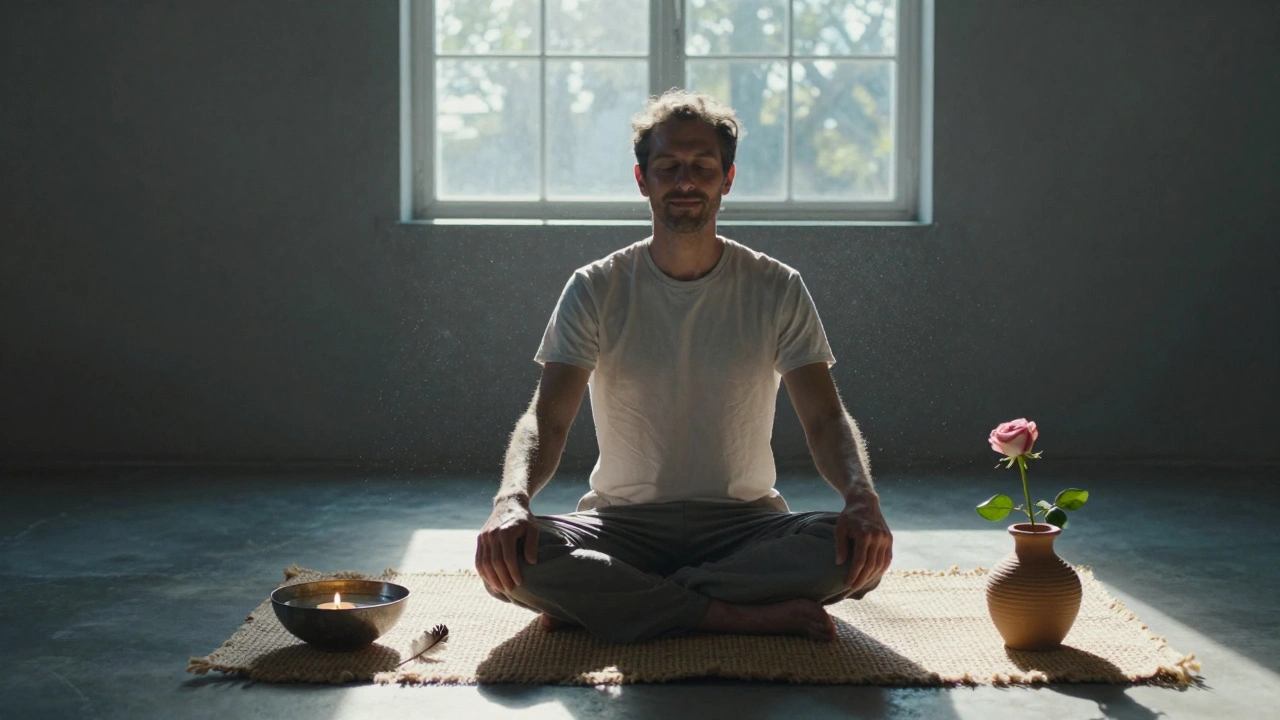 Muž po tantrické masáži sedí v meditaci, kolem něj klidné symboly a světlo.