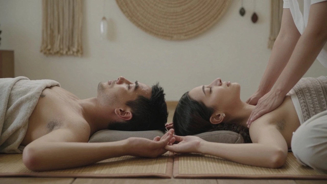 Pár prožívá párovou tantrickou masáž v klidném, duchovně nabitém prostředí.