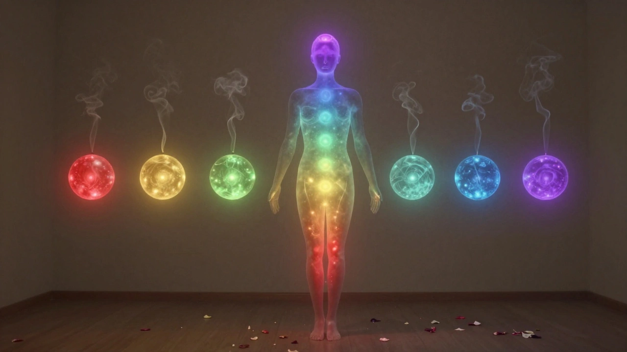 Sedm energetických center těla jako svítící kruhy podél lidské postavy v atmosféře kouře a květin.