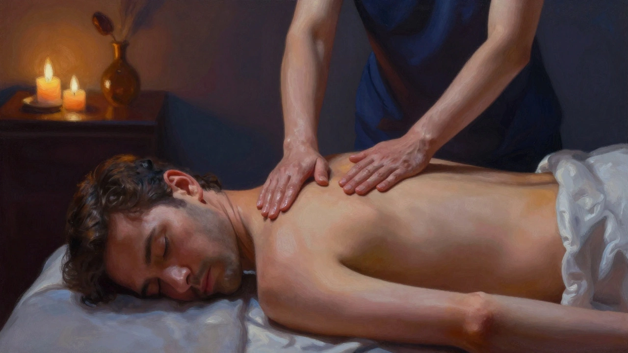 Žena provádí jemnou tantrickou masáž muži na zádech, svíčky a klidné osvětlení.
