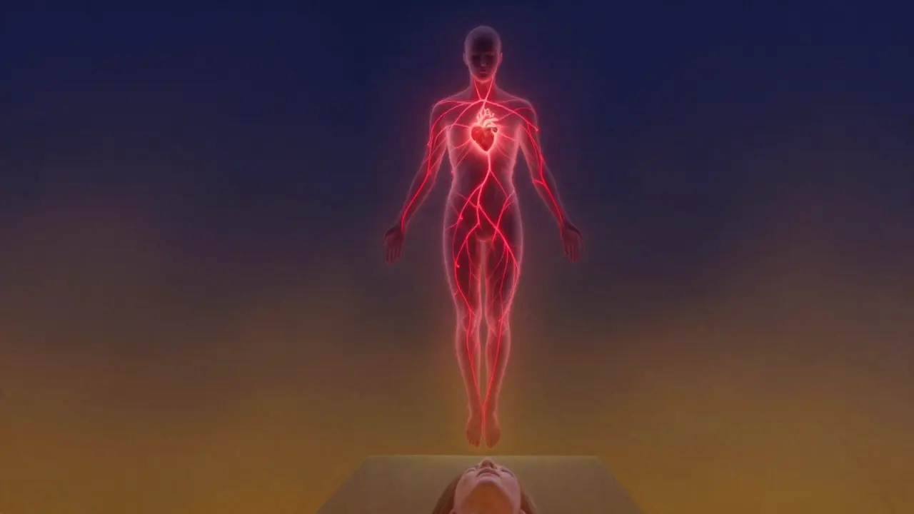 Abstraktní silueta s pulzujícími světelnými nitěmi, symbolizujícími spojení těla a energie.