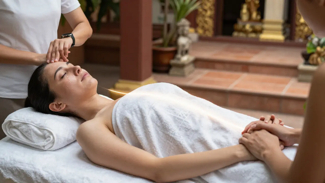 Dvě scény: jedna s masáží v ČR, druhá s rituálem v Thajsku — symbolizující povrchní vs. hlubokou zkušenost.