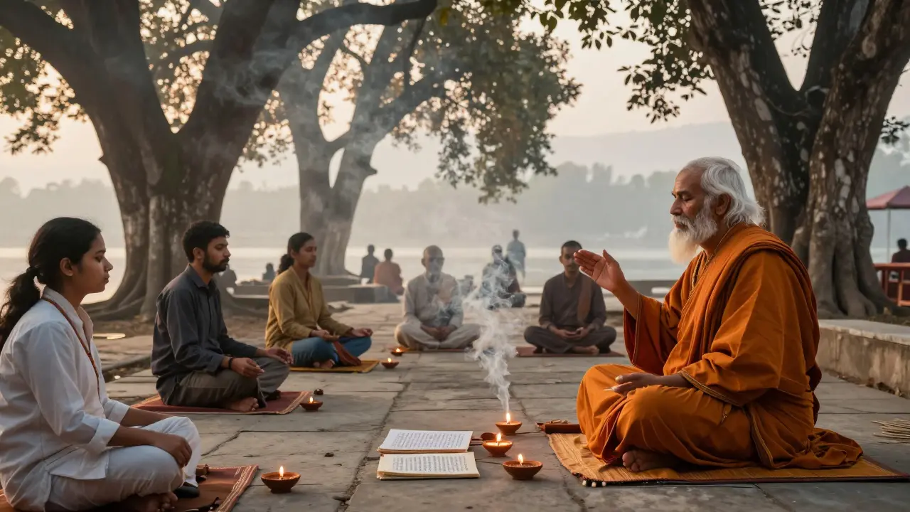 Indický ashram v ranním světle, kde lidé meditují pod starými stromy s učitelem.