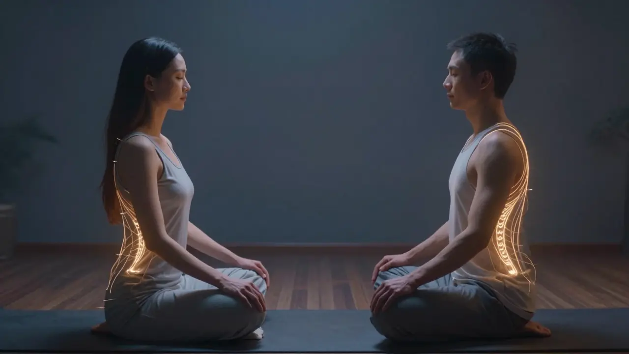 Pár cvičí mikrokosmický okruh s jemnými zlatými energetickými linkami mezi těly.