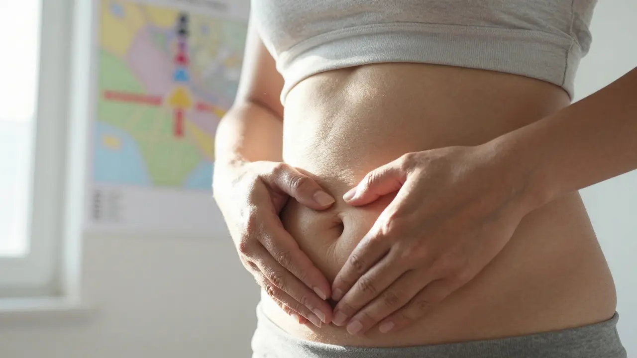 Ruce na břiše, jemně cítící pánviční svaly, sluneční světlo z okna, mapa čaker na zdi v pozadí.