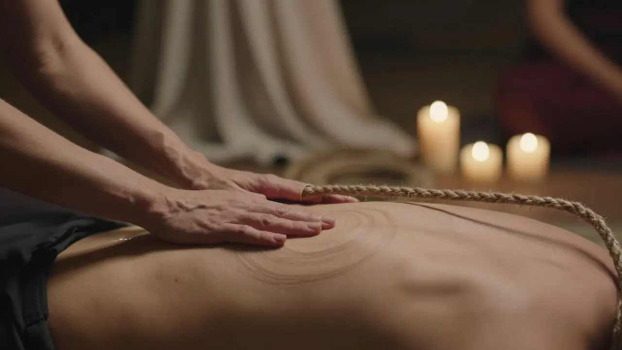 Ruce provádějící jemný dotek při tantrické praxi, vedle nich leží provaz, teplé osvětlení.