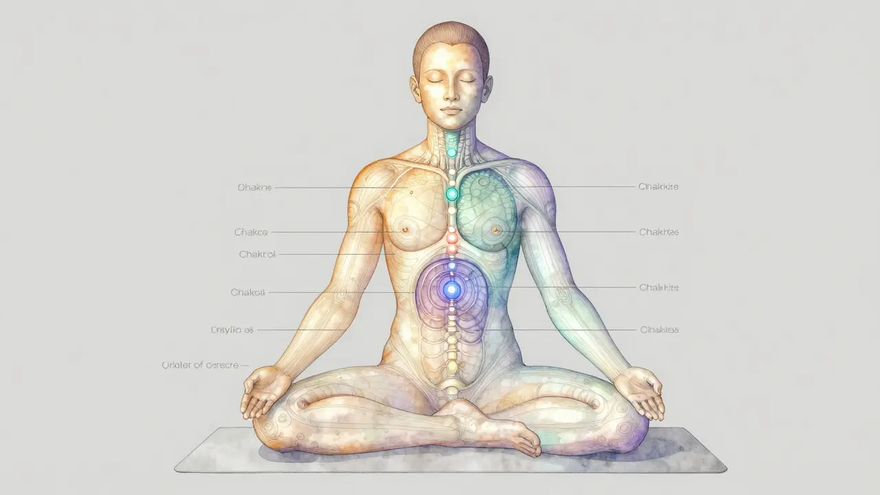 Schematický náčrt lidského těla s naznačenými sedmi čakrami v jemných tóních, meditující postava na podlaze.
