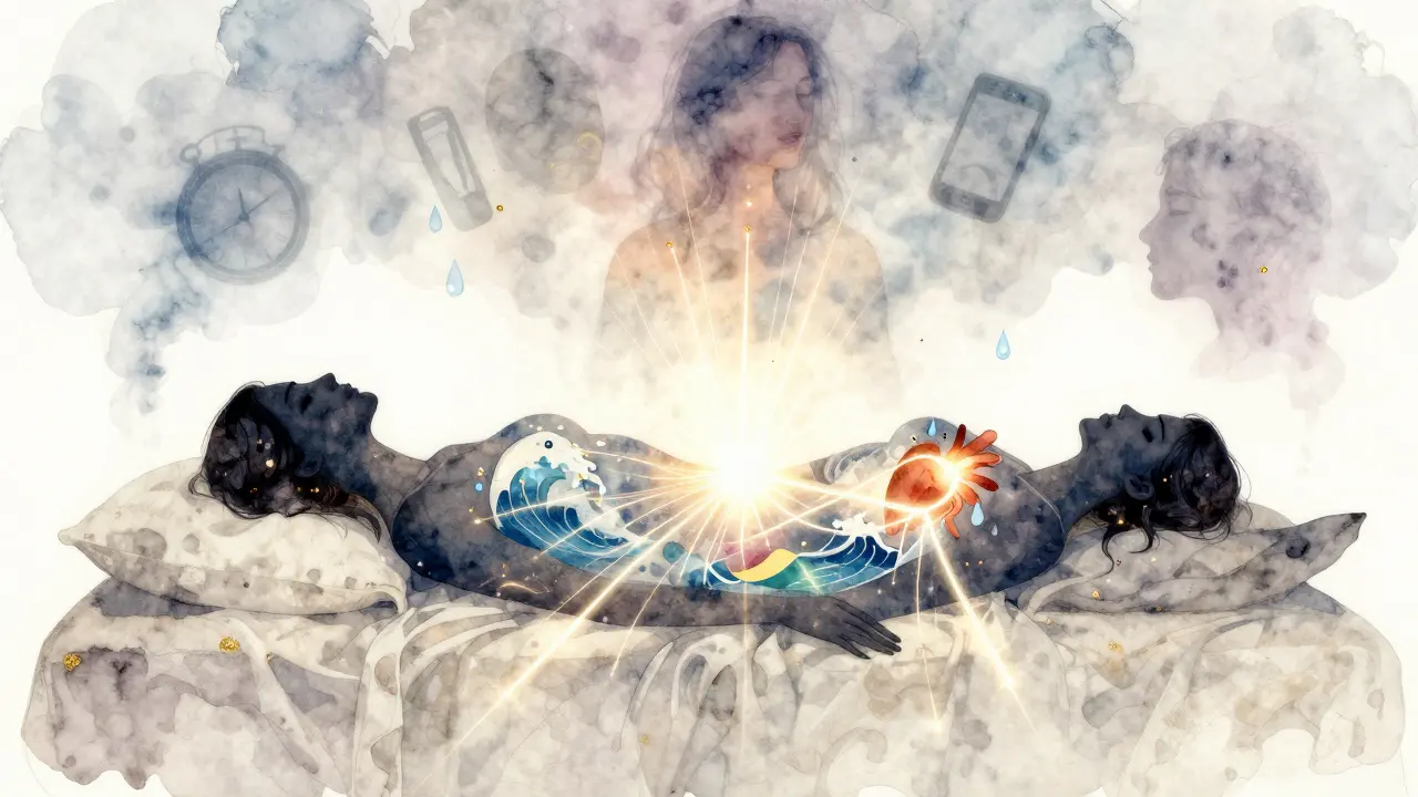 Symbolický obraz ženy s energií proudící z pánve k srdci, emoce se uvolňují jako světlo a mlha.