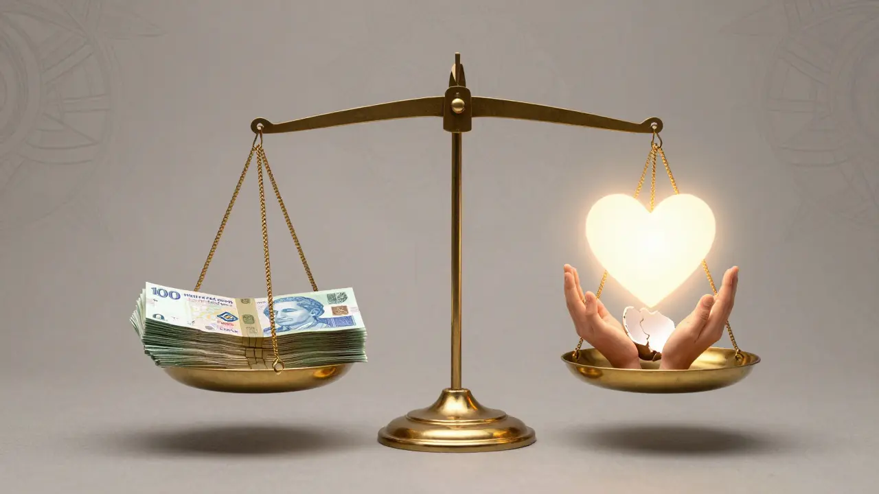 Balance scale contrasting monetary cost with spiritual transformation symbols like heart and light.