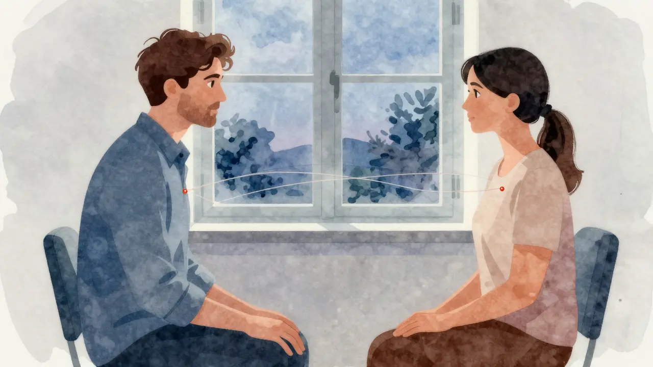 Dva lidé spolu klidně mluví, ruce na klíně, za nimi západ slunce, symbolizující obnovu důvěry.