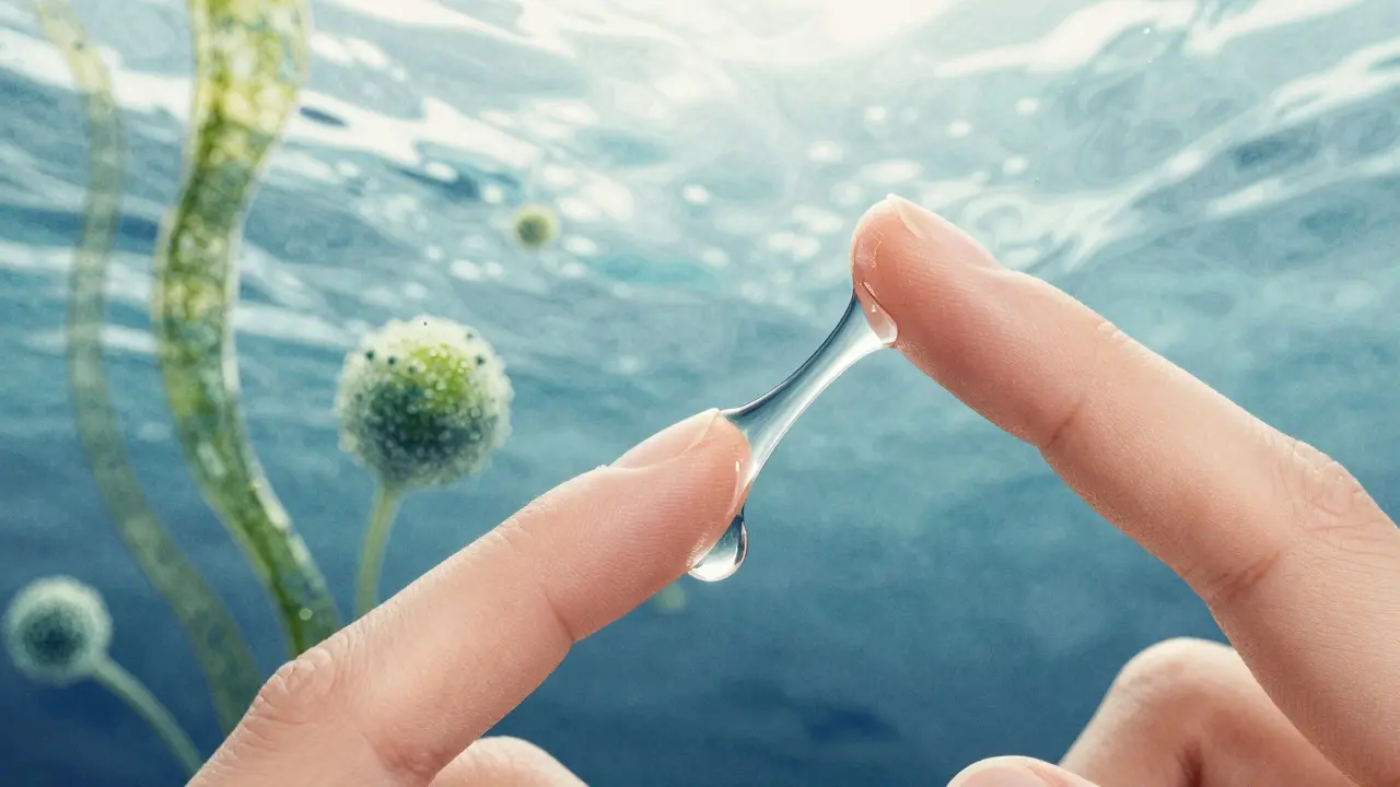 Kapka nuru gelu se mění v proudek, který spojuje dva prsty, s abstractními vlnami a řasami jako pozadí, symbolizující přírodní původ.