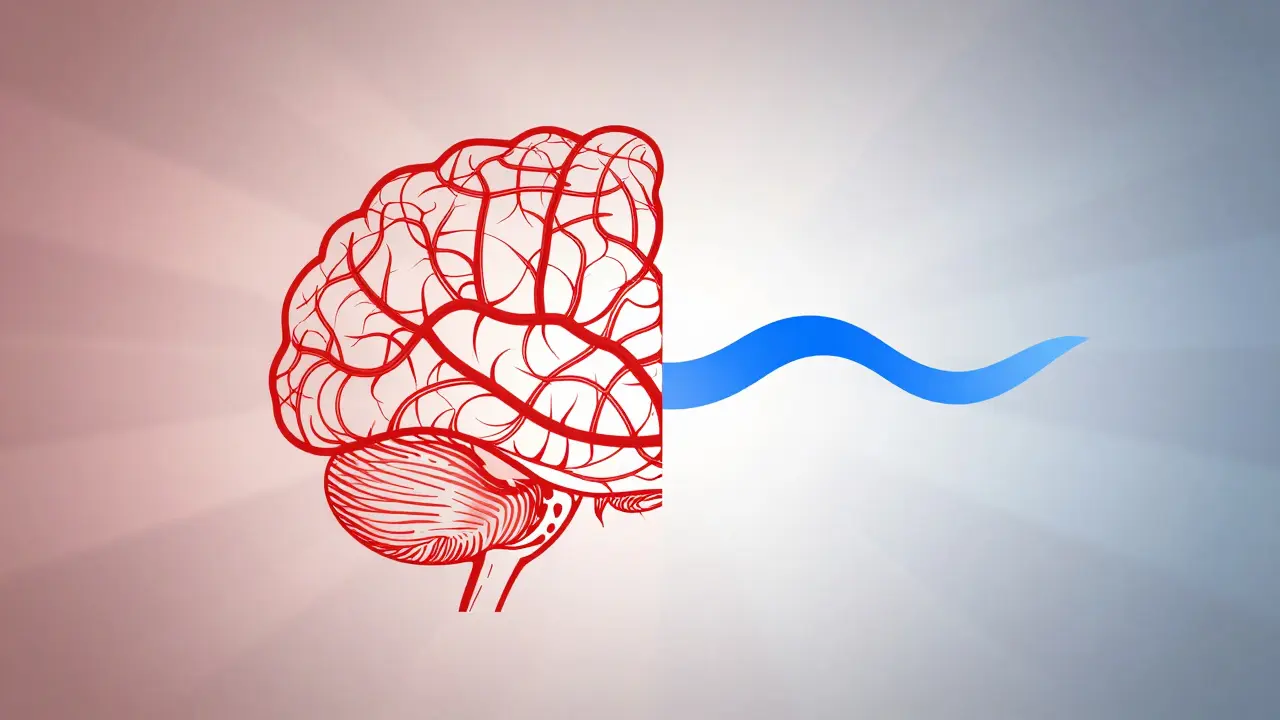 Mozek s červenou stresovou aktivitou a modrou klidovou regenerací