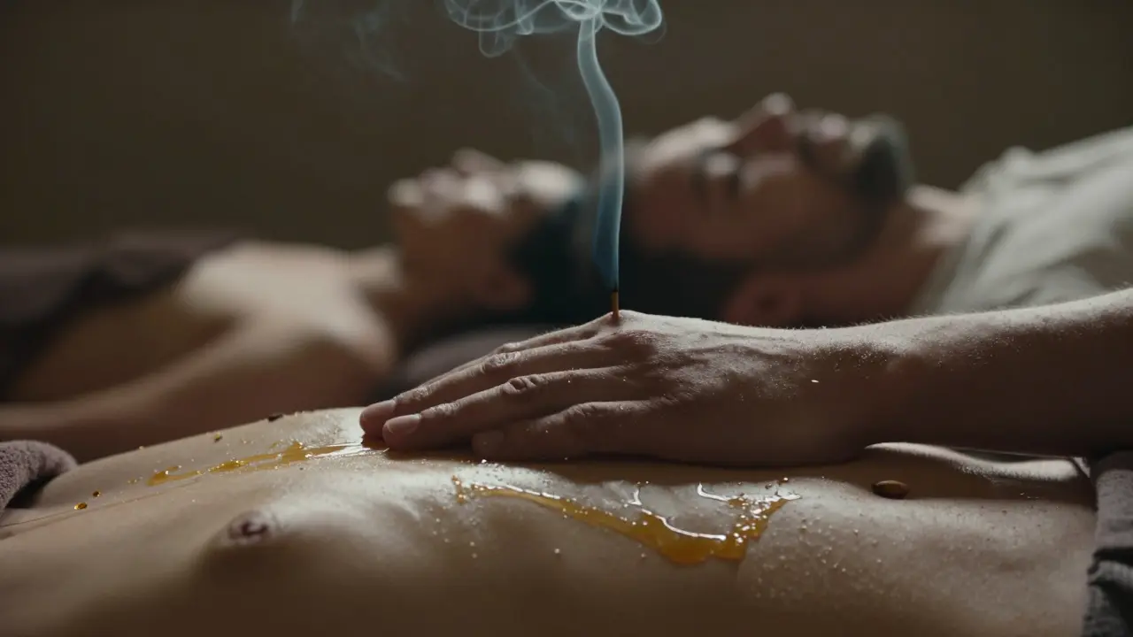 Přiblížení rukou s olejem na břiše, za nimi siluety páru v klidném prostředí s kouřem kadidla.