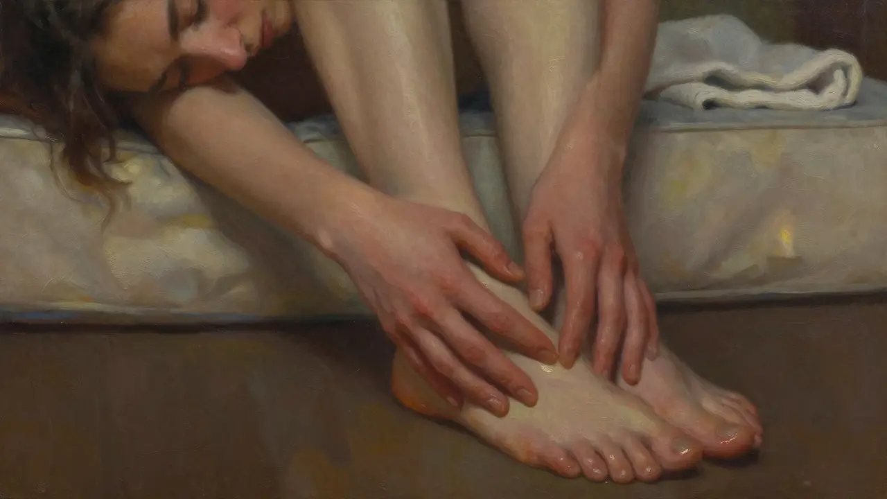 Příbuzné ruce masírují nohu v teplém světle, olej září na kůži v tichém prostředí.