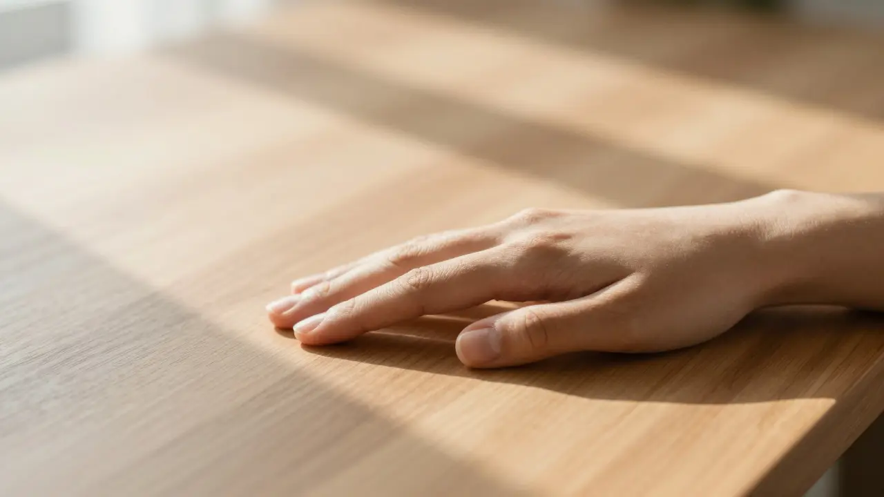 Ruka na dřevěné desce při jemném světle, klidné prostředí