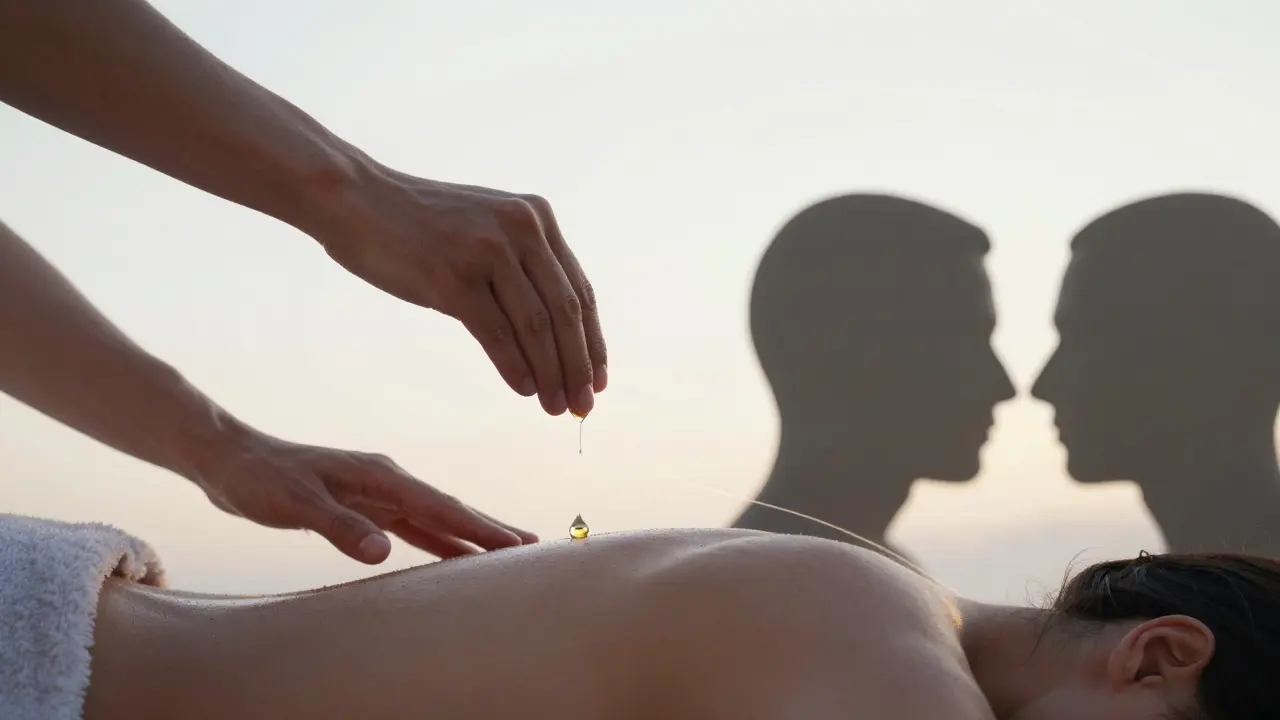 Tři symboly tantrické masáže: olej, ruce nad tělem a pohled do očí, v jemném světle.