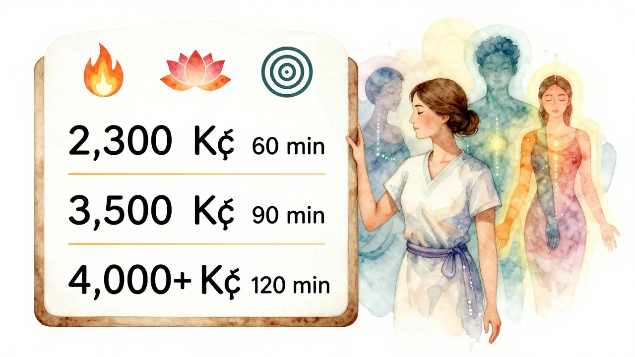 Watercolor illustration of tantric massage prices with symbolic icons representing energy and awareness.