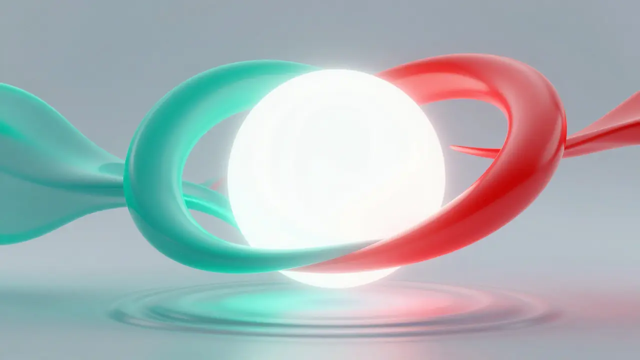 Dva barevné sféry světla splývajíc v jeden čistý bílý celek v abstrakci.