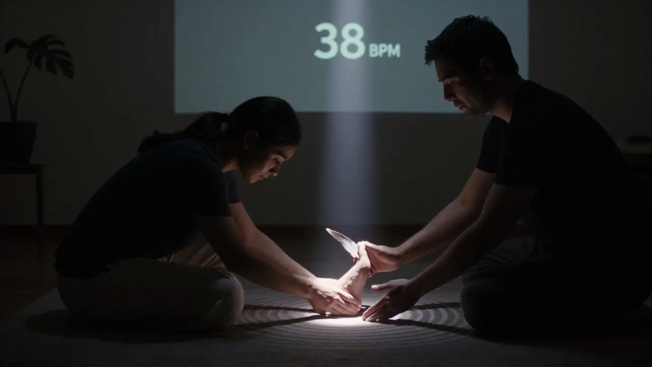 Dva ticho se dotýkají nohou, zatímco jemné vlny energie proudí z místa kontaktu.