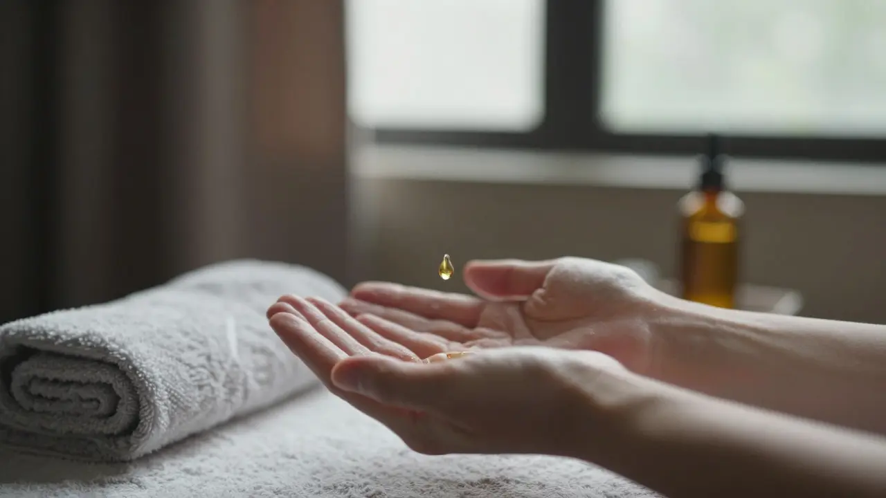 Dvě ruky v klidném dotyku, kapka oleje ve vzduchu.