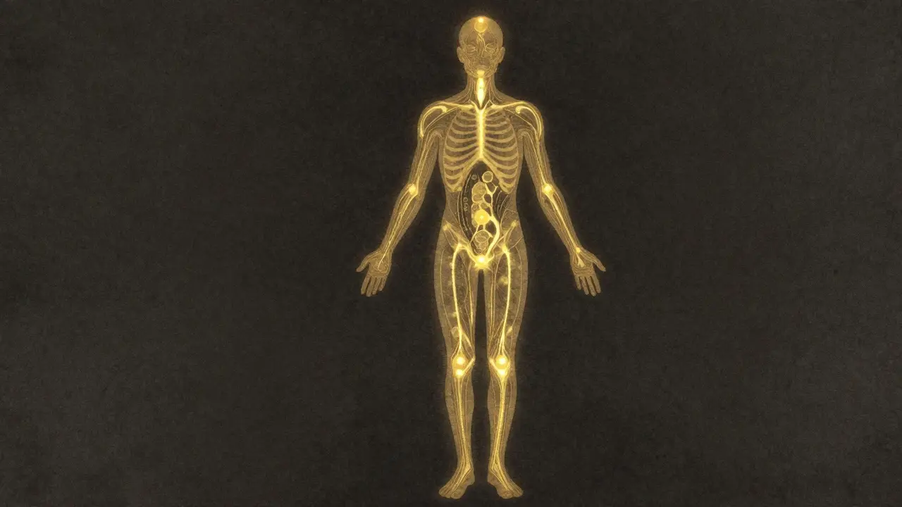 Energetické drahy těla jako zlatý tok světla od nohou k hlavě, symbolicky znázorněné v jemném vodovém stylu.