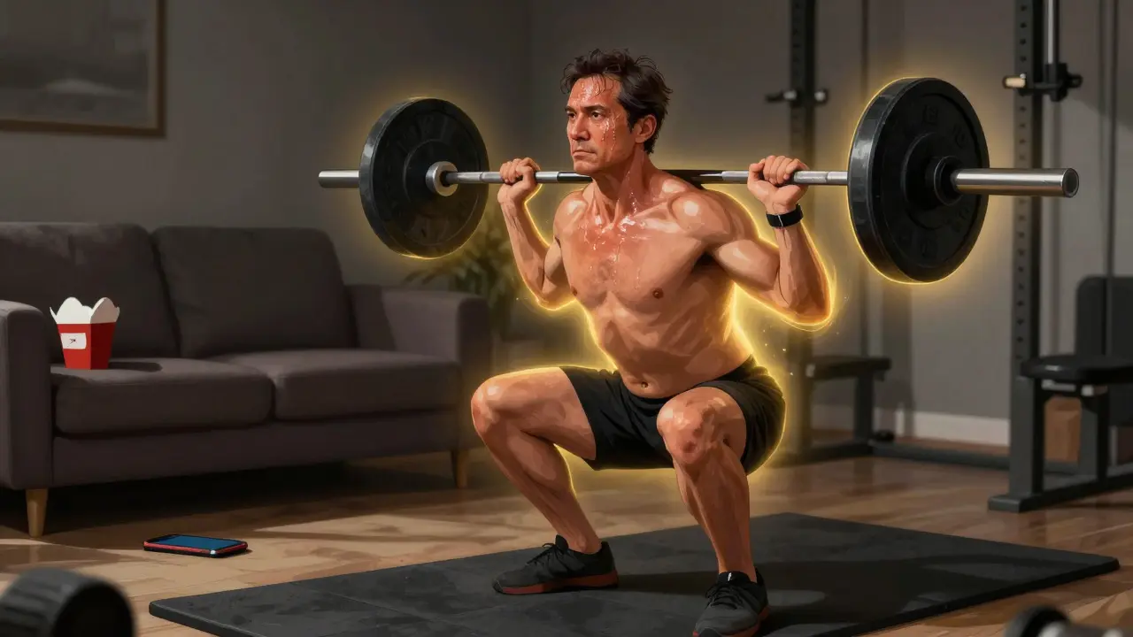 Muž dělá squaty v domácí posilovně, symbolizující přirozený nárůst testosteronu.