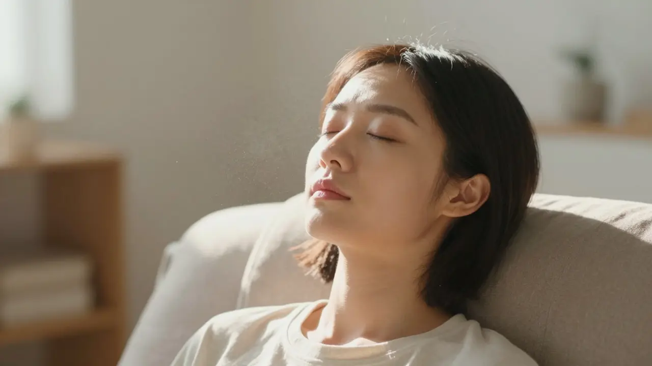 Osoba v hluboké meditaci doplněna jemným přírodním světlem v místnosti.