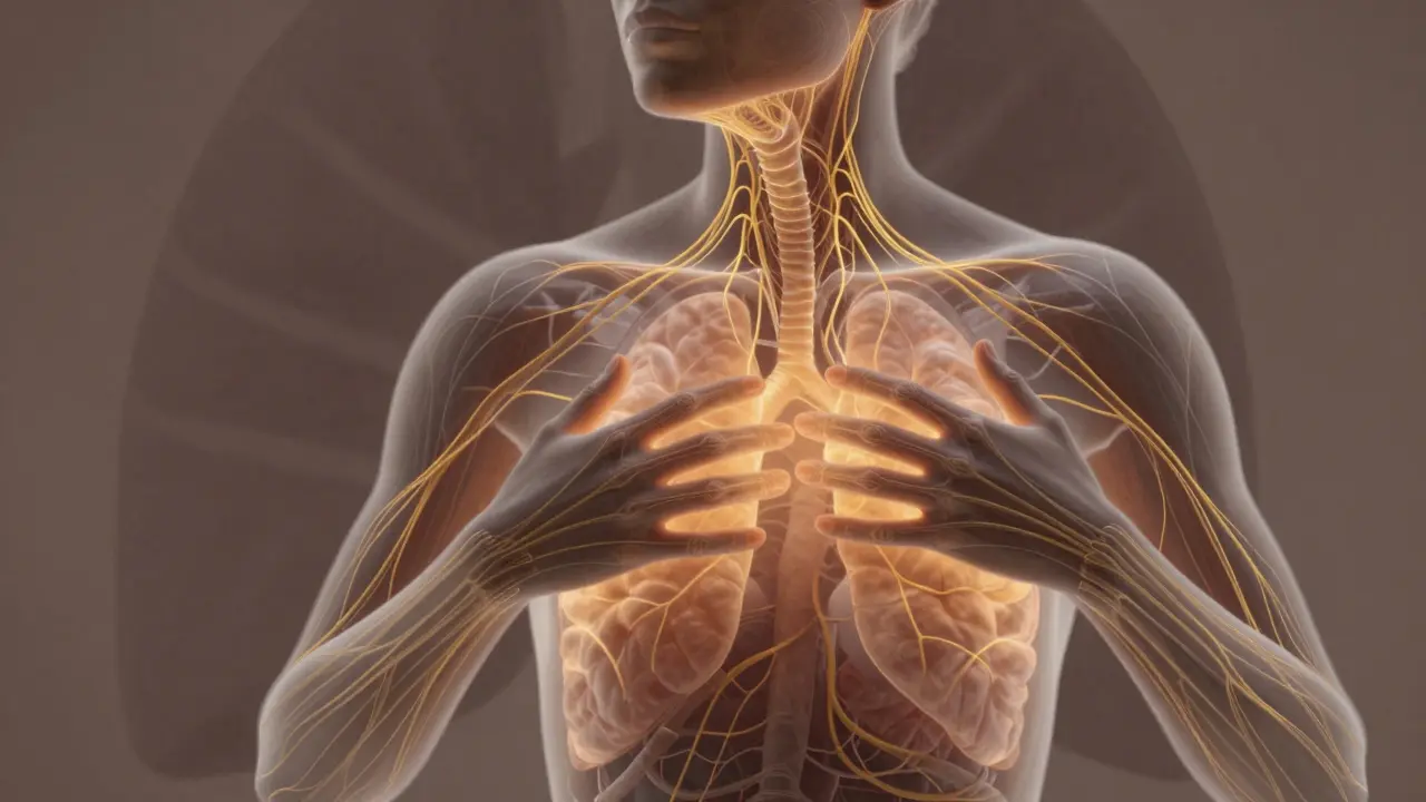 Přehled lidského těla s aktivovanými nervovými vlákny a světelným výbojem v limbickém systému.