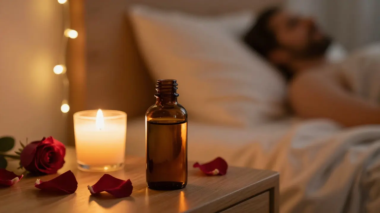Atmosphéru pro tantrickou masáž s lahvičkou oleje, zapálenou svíčkou a růžovými okvětními listy.