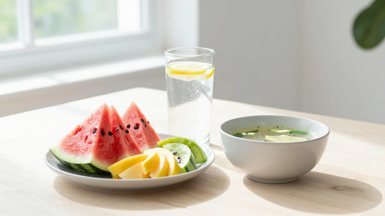Čerstvé ovoce, voda a lehká polévka na stole v přirozeném světle.