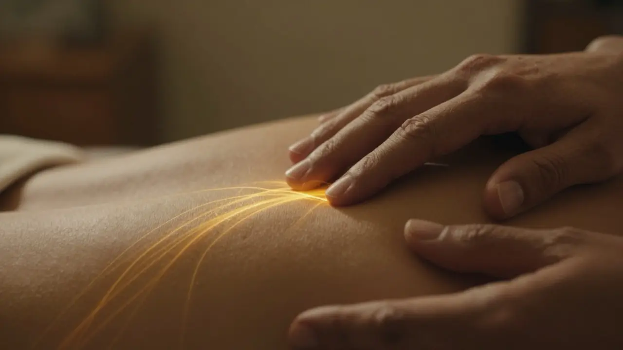 Detail jemného doteku s goldeným světlem symbolizujícím uvolňování oxytocinu.