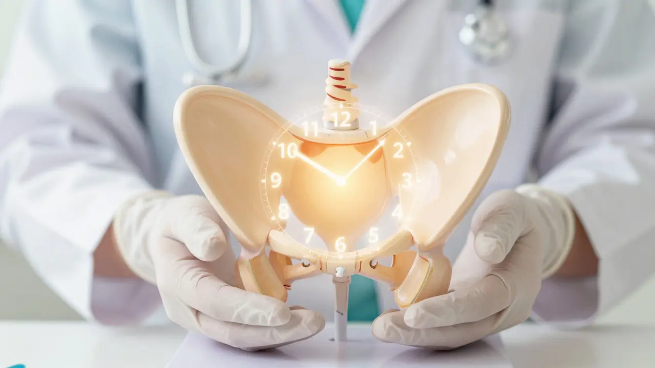 Detail rukou terapeuta u anatomického modelu pánve s přikladeným symbolickým ciferníkem pro mapování.