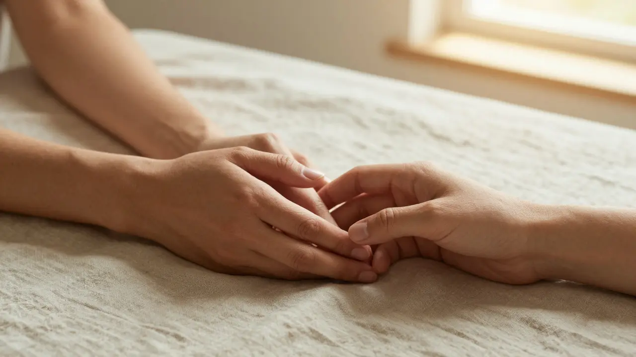 Dvě dlaně se jemně dotýkají, symbolizující důvěru a bezpečí ve vztahu.